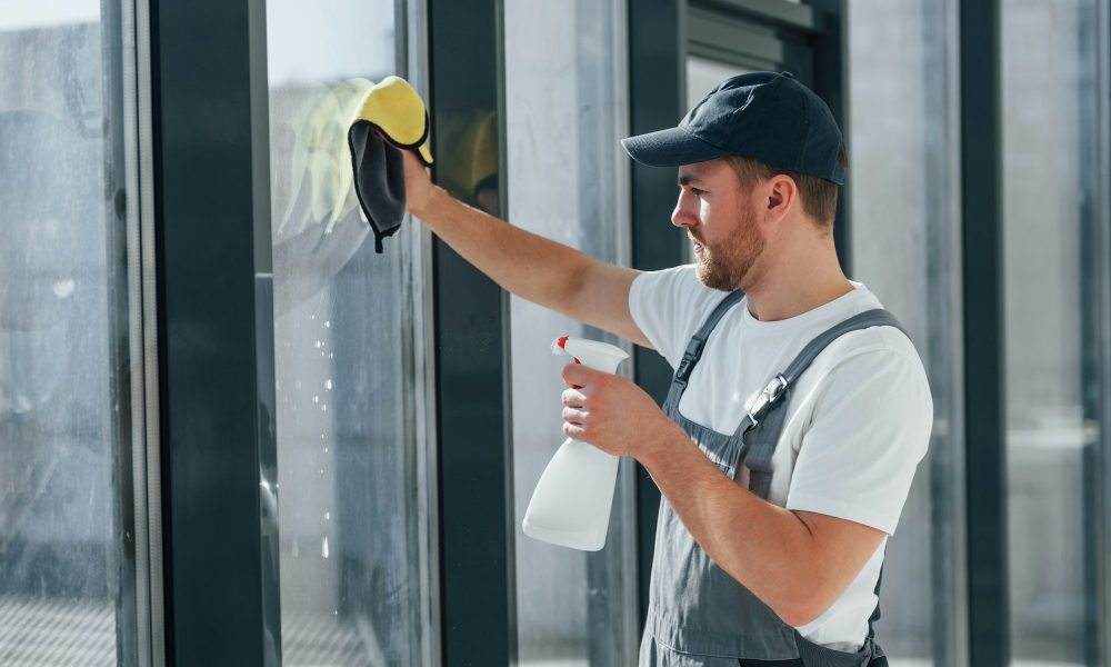 Cleaning window by using special liquid. Repairman is working indoors in the modern room