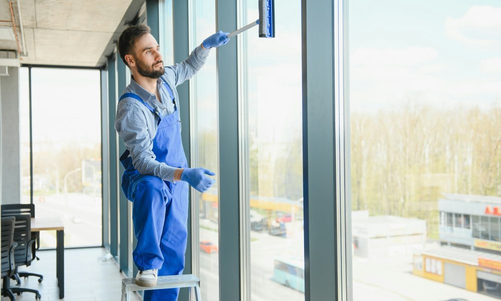 Young man cleaning window in office